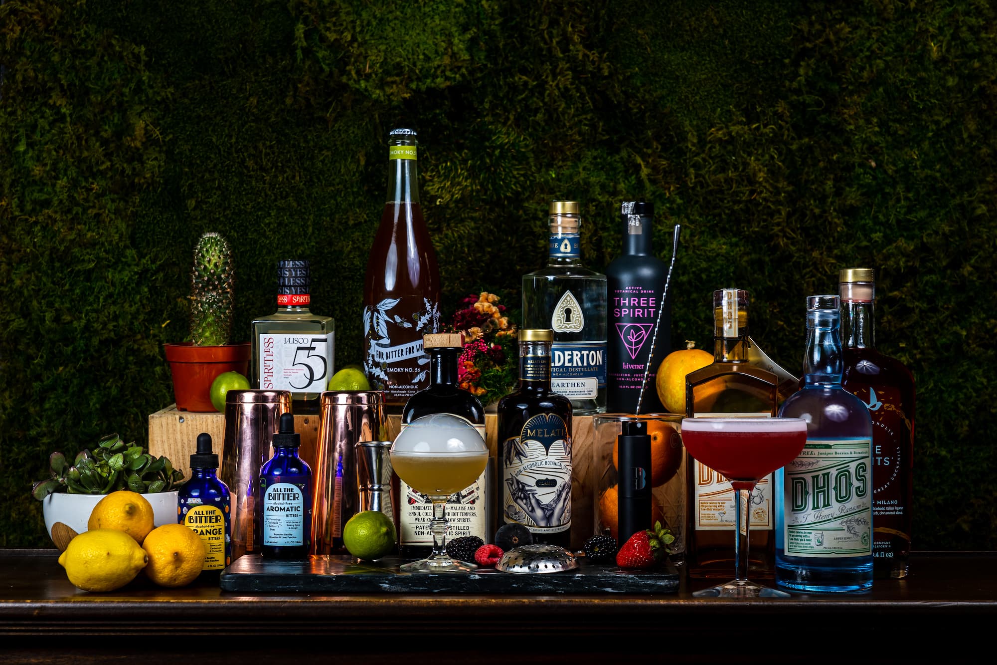 Premium non alcoholic bar atmosphere with craft bottles and smoke
