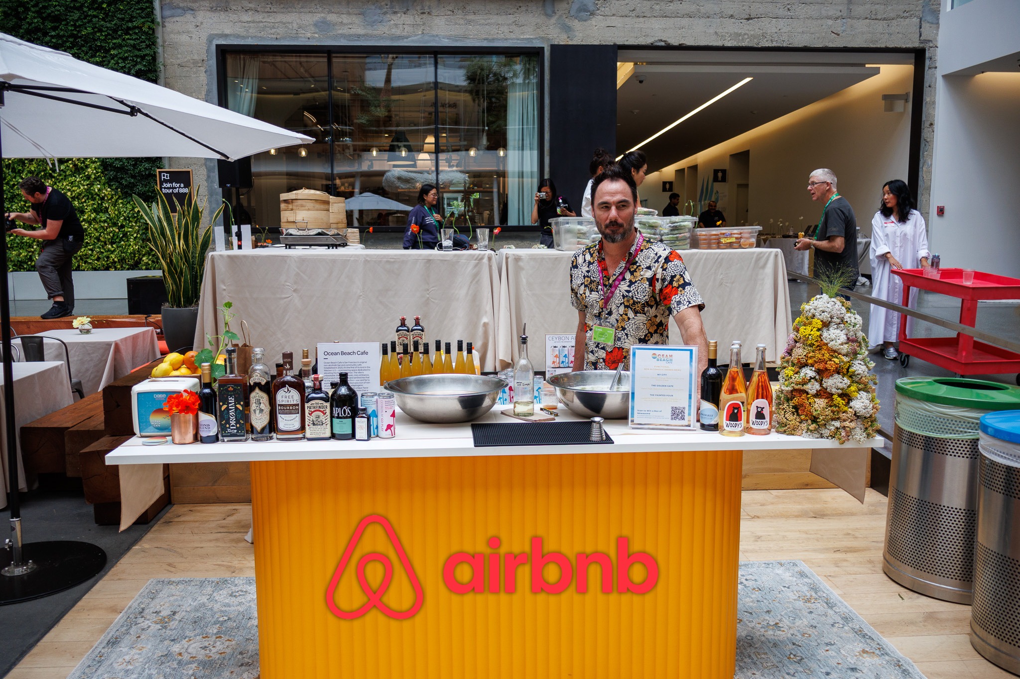 Ocean Beach Cafe non-alcoholic bar catering setup at Airbnb corporate event in San Francisco featuring professional zero-proof bartender Joshua James with dry bar rental service